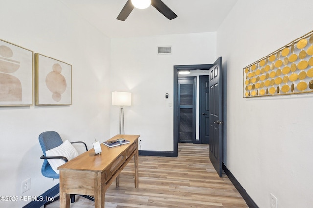 5444 Keystone Dr S, Jacksonville, FL 32207 - home office with a ceiling fan, light wood-style flooring, and baseboards