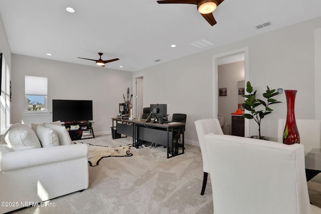 181 Lamego Ln, Saint Augustine, FL 32095 - living area featuring ceiling fan, light colored carpet, a desk, recessed lighting, and baseboards