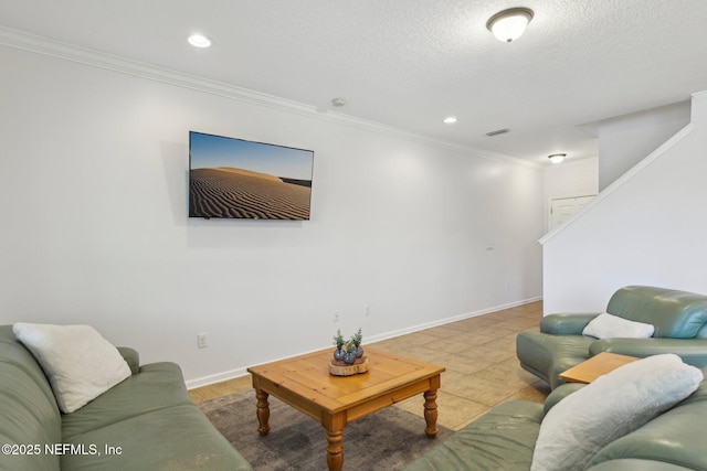 1500 Calming Water Dr Unit 3504, Fleming Island, FL 32003 - living room with stairway, ornamental molding, baseboards, recessed lighting, and a textured ceiling