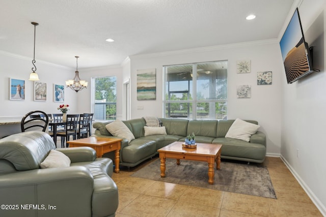 1500 Calming Water Dr Unit 3504, Fleming Island, FL 32003 - living area featuring a chandelier, ornamental molding, light tile patterned floors, baseboards, and recessed lighting