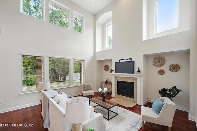 5279 Cattle Crossing Way, Jacksonville, FL 32226 - living area with a tile fireplace, baseboards, a towering ceiling, and a healthy amount of sunlight