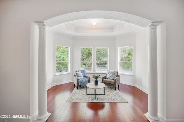 5279 Cattle Crossing Way, Jacksonville, FL 32226 - sitting room featuring a tray ceiling, crown molding, and ornate columns