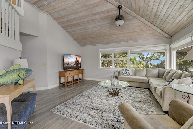 living area with wood ceiling, baseboards, and wood finished floors