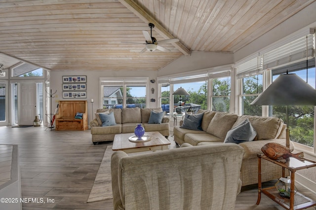 living room featuring wood ceiling, a ceiling fan, and wood finished floors