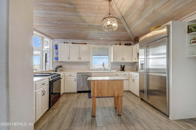 kitchen with appliances with stainless steel finishes, wooden ceiling, open shelves, light countertops, and plenty of natural light