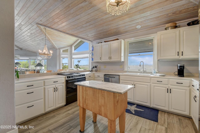 kitchen featuring gas range oven, a sink, a chandelier, stainless steel dishwasher, and wooden ceiling