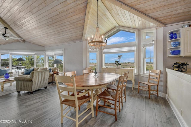 dining room featuring wooden ceiling, baseboards, a chandelier, and light wood finished floors