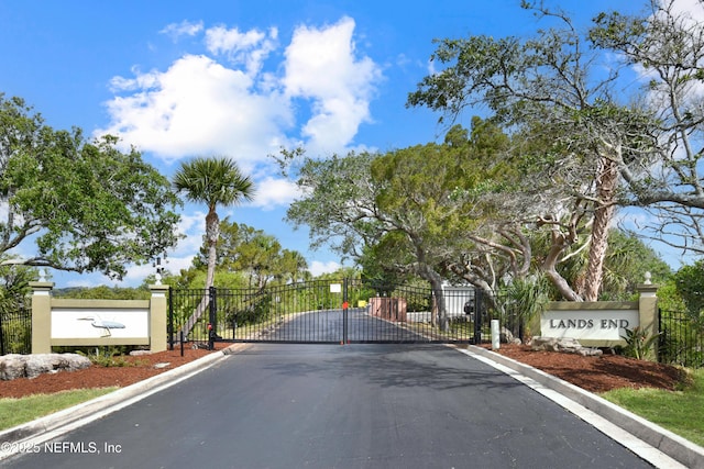 view of asphalt road featuring a gate, curbs, and a gated entry
