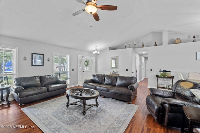 4384 Hickory St, Macclenny, FL 32063 - living area featuring plenty of natural light, ceiling fan, dark wood-style floors, and vaulted ceiling