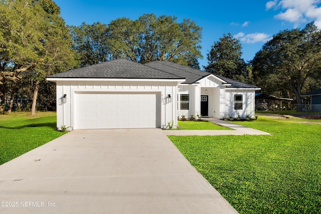 ranch-style home featuring board and batten siding, a front lawn, concrete driveway, a garage, and a shingled roof