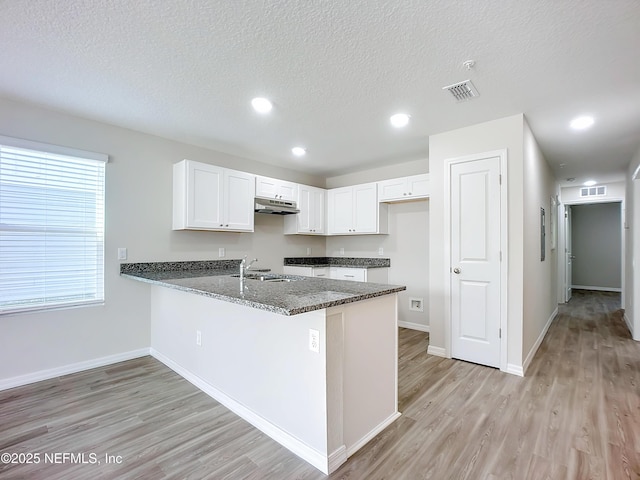 11462 Oakfield Ct, Jacksonville, FL 32258 - kitchen with a peninsula, light wood finished floors, a sink, visible vents, and under cabinet range hood