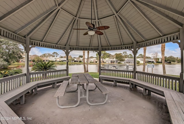 2537 Dauphine Ct E, Ponte Vedra Beach, FL 32082 - view of patio / terrace with a gazebo, a ceiling fan, a water view, and a residential view