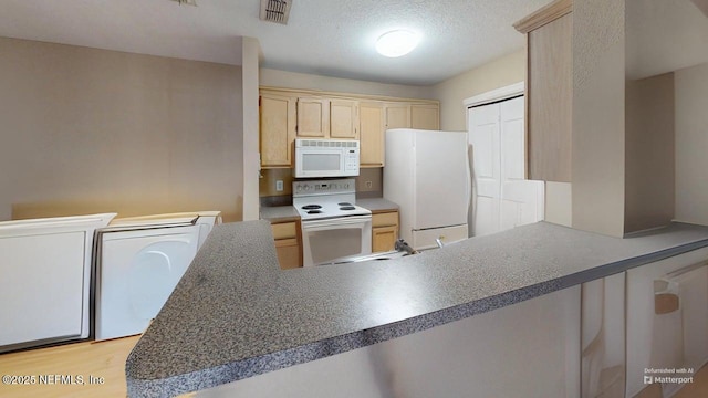 7701 Timberlin Park Blvd Unit 623, Jacksonville, FL 32256 - kitchen with white appliances, light brown cabinetry, a peninsula, light wood finished floors, and a sink