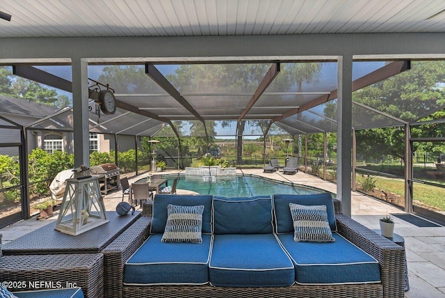 11698 Donato Dr, Jacksonville, FL 32226 - swimming pool featuring glass enclosure, a patio, and grilling area