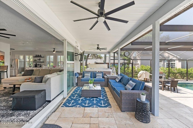 11698 Donato Dr, Jacksonville, FL 32226 - view of patio with a ceiling fan, an outdoor hangout area, an outdoor kitchen, glass enclosure, and an outdoor pool