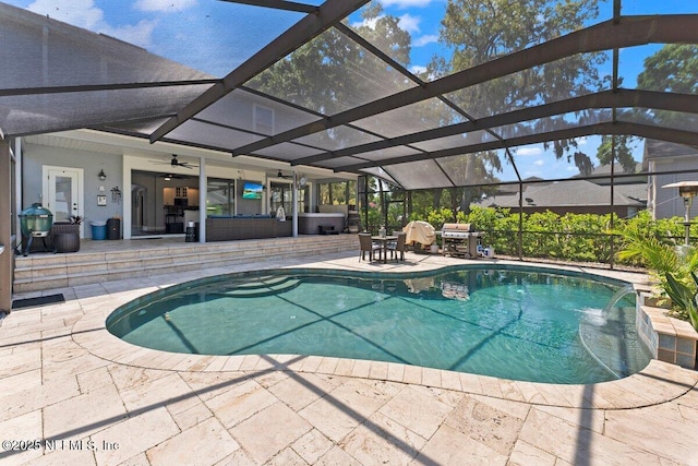 11698 Donato Dr, Jacksonville, FL 32226 - outdoor pool with a patio, a lanai, ceiling fan, and grilling area