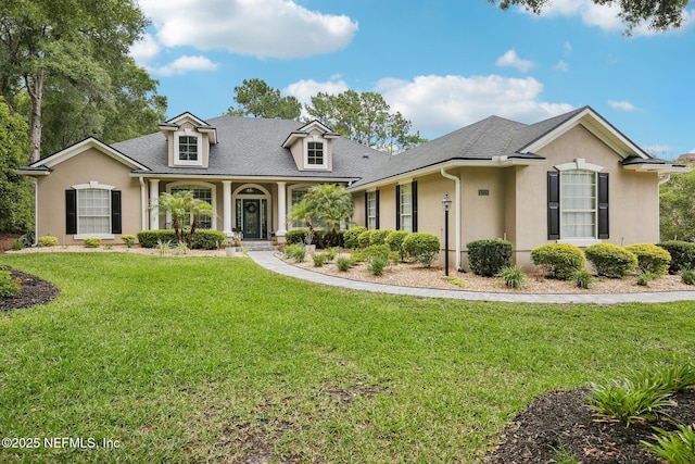 view of front facade featuring stucco siding, a front lawn, a shingled roof, and covered porch