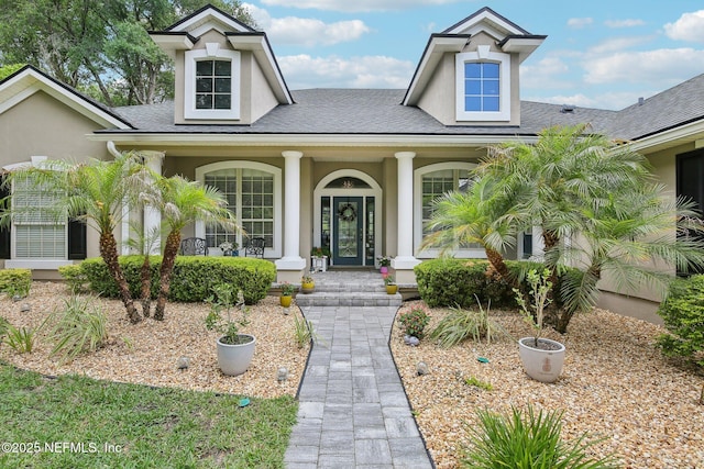 view of front of property with covered porch, stucco siding, and roof with shingles