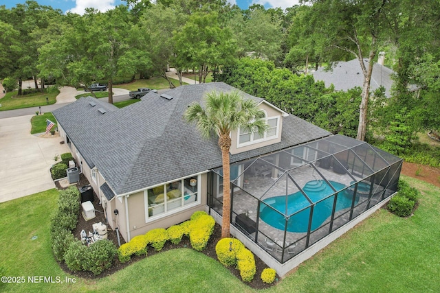 view from above of property with a pool area