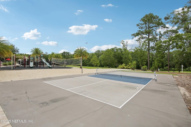 view of tennis court with volleyball court and community basketball court