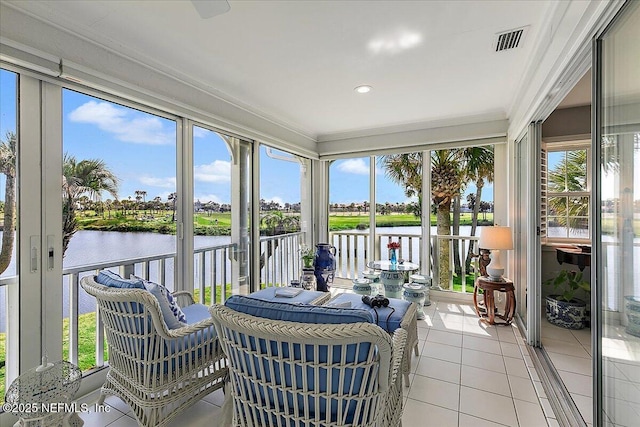 91 San Juan Dr Unit H8, Ponte Vedra Beach, FL 32082 - sunroom with a water view, tile patterned floors, ornamental molding, and recessed lighting