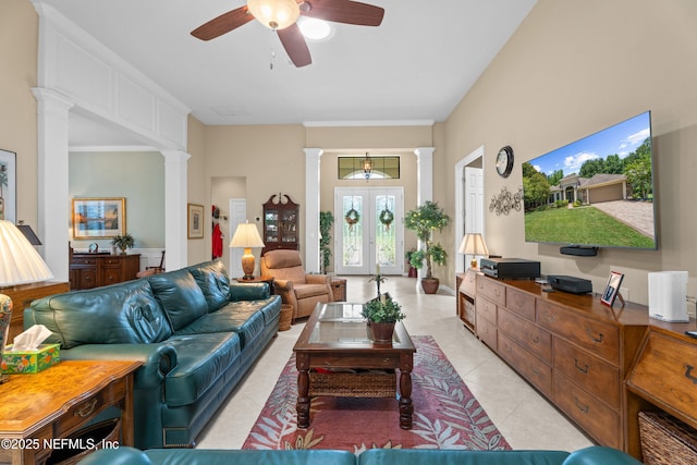 90 Canopy Glades Cir, Ponte Vedra, FL 32081 - living room featuring ornate columns, a ceiling fan, light tile patterned floors, and french doors