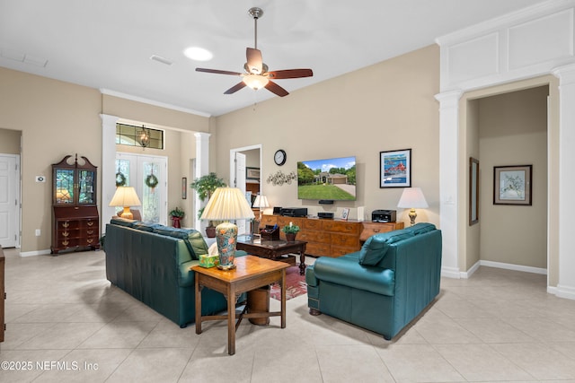 90 Canopy Glades Cir, Ponte Vedra, FL 32081 - living area with decorative columns, light tile patterned floors, ceiling fan, and baseboards