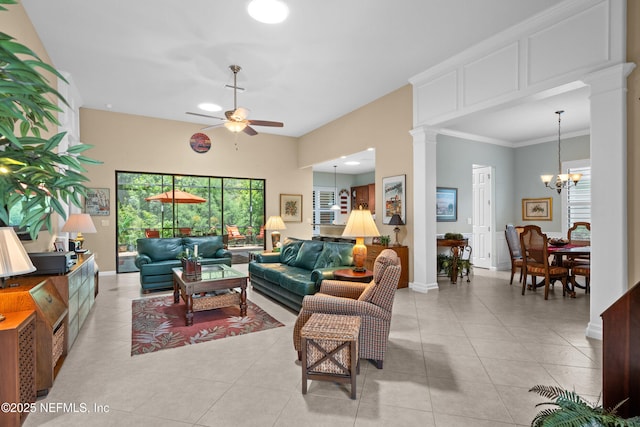 90 Canopy Glades Cir, Ponte Vedra, FL 32081 - living room with ornate columns, ceiling fan, a chandelier, light tile patterned floors, and crown molding