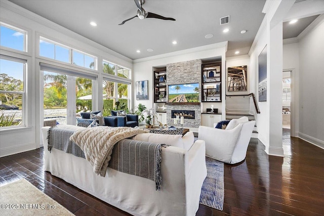 231 N Roscoe Blvd, Ponte Vedra Beach, FL 32082 - living area featuring crown molding, a fireplace, baseboards, wood-type flooring, and ceiling fan