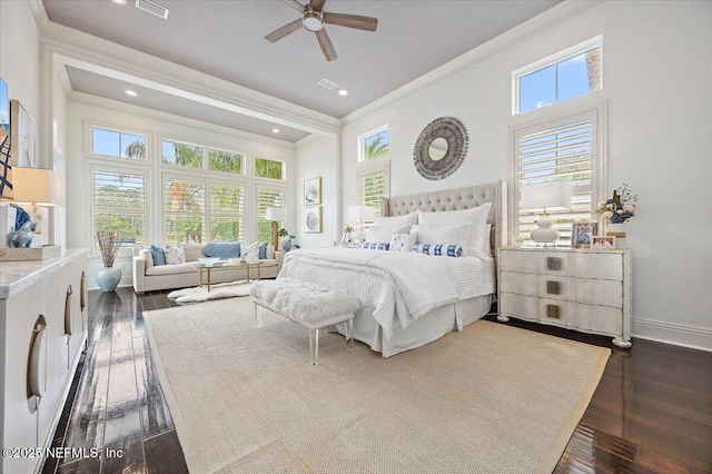 231 N Roscoe Blvd, Ponte Vedra Beach, FL 32082 - bedroom with crown molding, dark wood-style floors, baseboards, and a ceiling fan