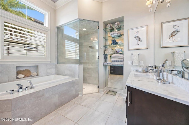231 N Roscoe Blvd, Ponte Vedra Beach, FL 32082 - full bath with plenty of natural light, tile patterned floors, a shower stall, crown molding, and a bath