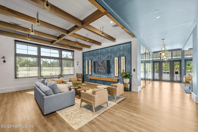 75556 Canterwood Dr, Yulee, FL 32097 - living area featuring baseboards, wood finished floors, beam ceiling, a chandelier, and recessed lighting