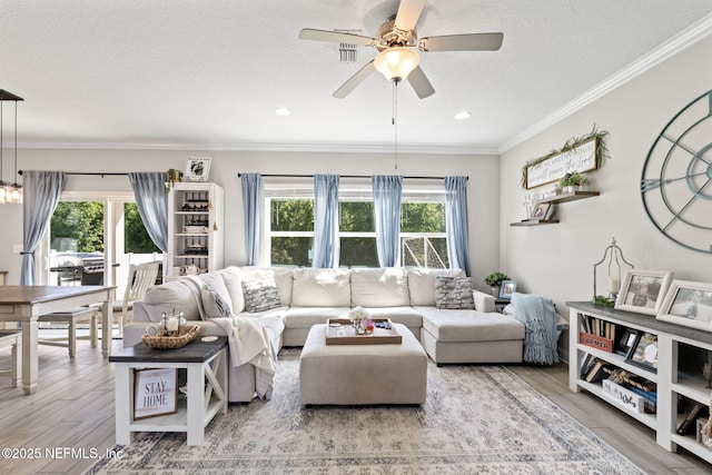 2565 Cold Stream Ln, Green Cove Springs, FL 32043 - living room with a textured ceiling, wood finished floors, a ceiling fan, and recessed lighting
