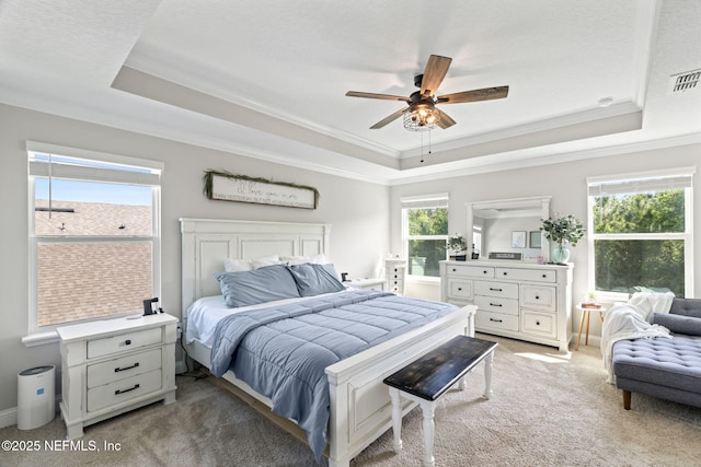 2565 Cold Stream Ln, Green Cove Springs, FL 32043 - bedroom with a raised ceiling, ornamental molding, multiple windows, light carpet, and a ceiling fan