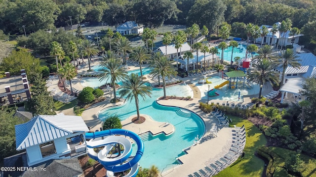 drone / aerial view of a pool
