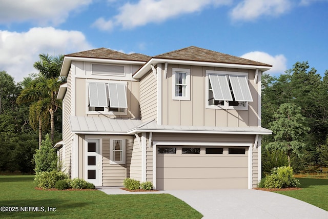 view of front of house with a garage, a front yard, concrete driveway, and a standing seam roof