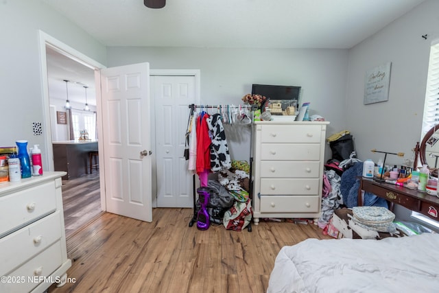 bedroom featuring light wood finished floors and a closet