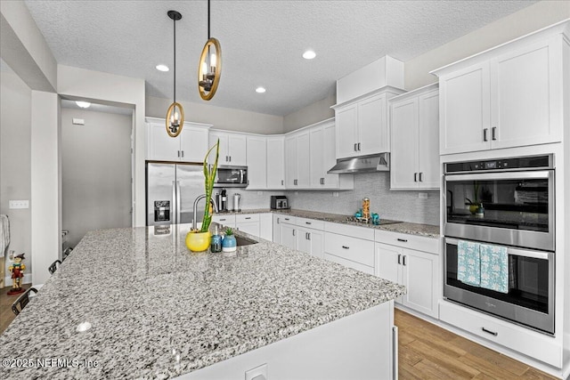 71 Lansing Ct, Saint Augustine, FL 32092 - kitchen featuring stainless steel appliances, under cabinet range hood, a sink, white cabinetry, and light wood-style flooring