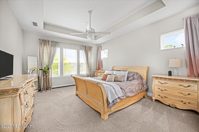 71 Lansing Ct, Saint Augustine, FL 32092 - bedroom with light colored carpet, multiple windows, a tray ceiling, baseboards, and a textured ceiling