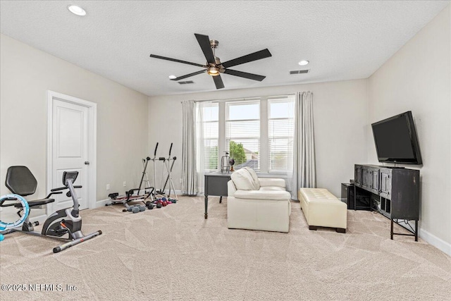 71 Lansing Ct, Saint Augustine, FL 32092 - exercise room featuring a ceiling fan, baseboards, a textured ceiling, recessed lighting, and carpet flooring