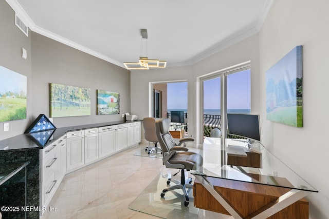 office area with ornamental molding