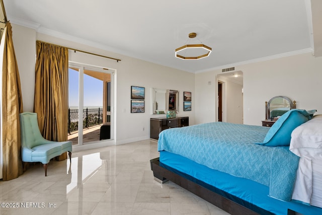 bedroom featuring light marble finish flooring, access to outside, and ornamental molding