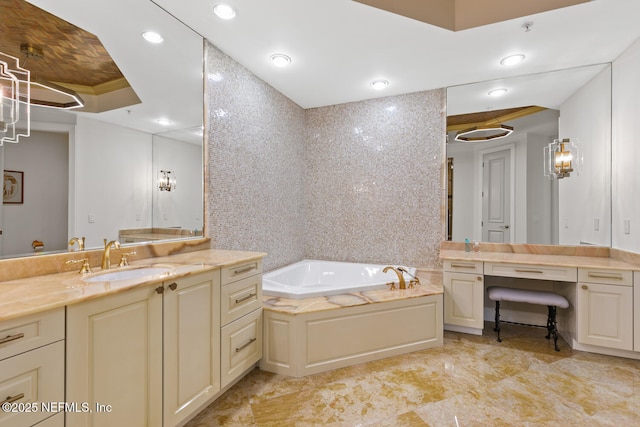 full bathroom with a garden tub, vanity, and recessed lighting