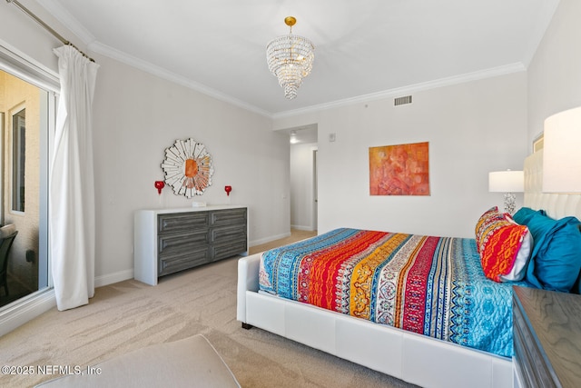 carpeted bedroom featuring a chandelier, ornamental molding, and baseboards