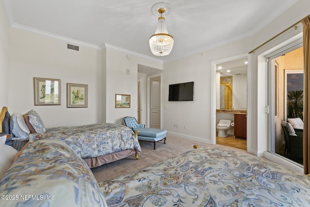 bedroom featuring ornamental molding, a chandelier, baseboards, and connected bathroom