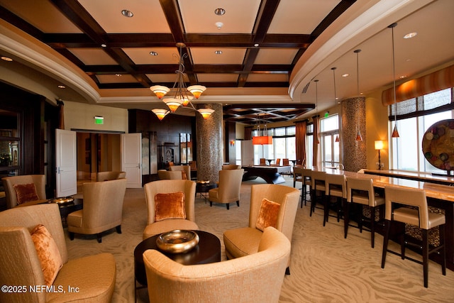 lobby featuring coffered ceiling and beamed ceiling