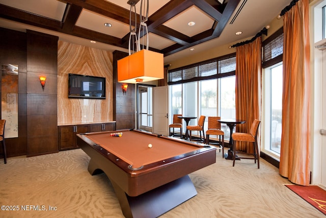 recreation room with coffered ceiling, light carpet, pool table, beamed ceiling, and recessed lighting