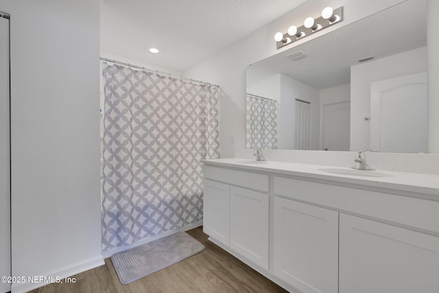 2304 Shady Breeze Ln, Green Cove Springs, FL 32043 - bathroom with wood finished floors, double vanity, baseboards, and a shower with shower curtain