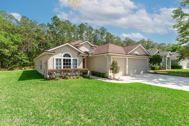 116 Greenfield Dr, Saint Johns, FL 32259 - single story home with an attached garage, stucco siding, concrete driveway, a front lawn, and a shingled roof