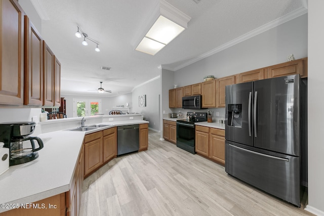 116 Greenfield Dr, Saint Johns, FL 32259 - kitchen featuring stainless steel refrigerator with ice dispenser, black / electric stove, dishwashing machine, crown molding, and a sink